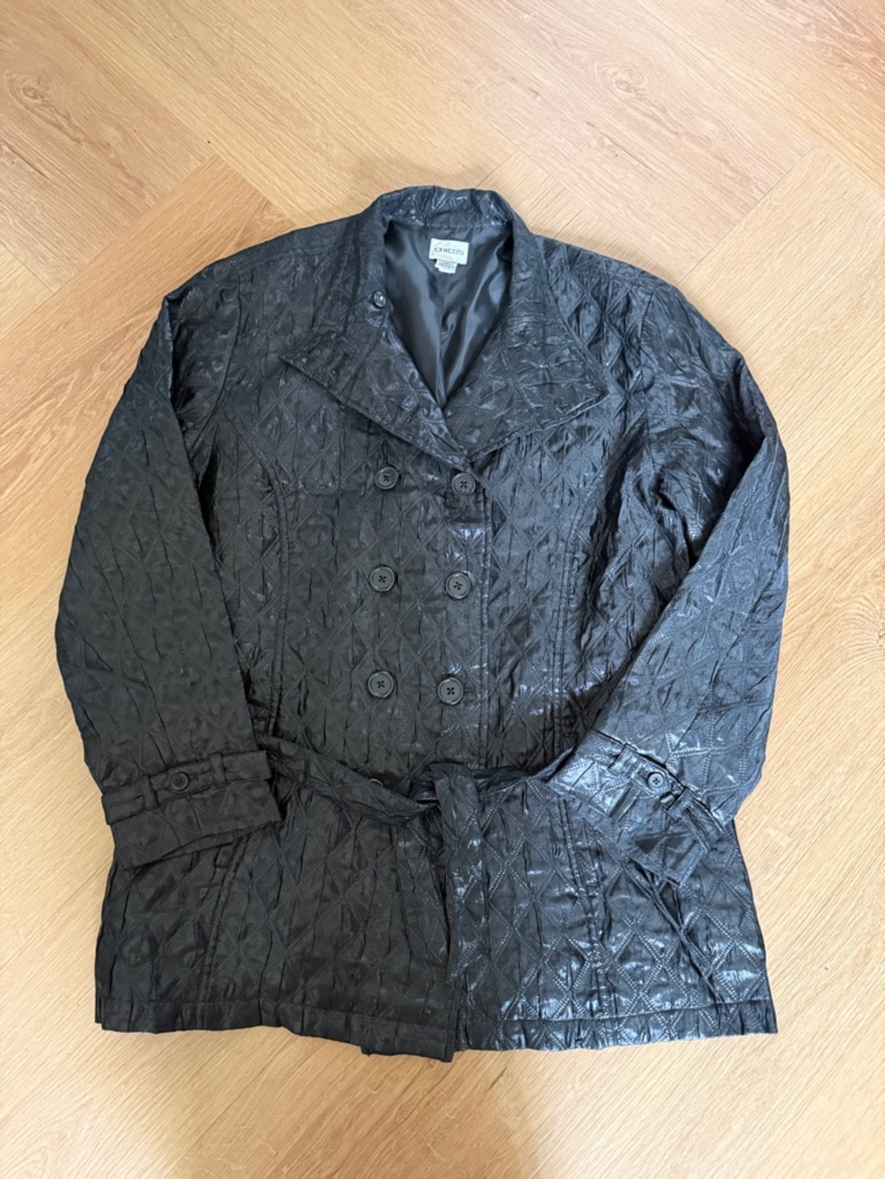 Chico’s Black Quilted Double-Breasted Coat with Belt